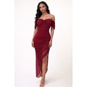 MABLE Wine Red‎ Off The Shoulder Ruched Mesh High Slit Gown Dress Medium
